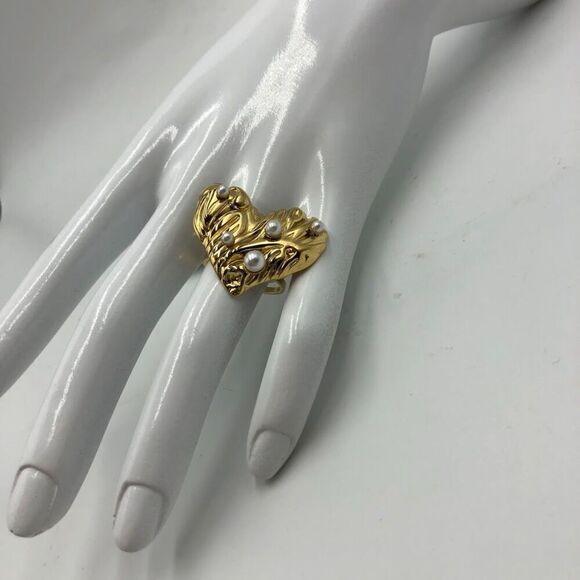 18K Gold Plated Women's Statement Heart Ring Faux Pearls Open Back Adjust Size - Picture 4 of 15